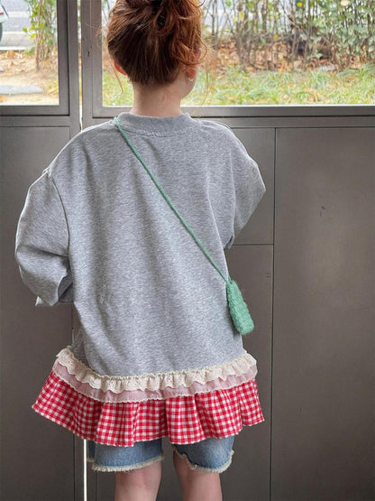 Teddy Sweetheart Gingham Ruffle Sweatshirt - Heather Grey