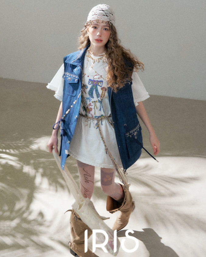 Artisanal Embroidered Denim Utility Vest - Indigo Sky