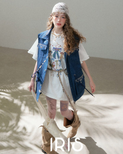 Artisanal Embroidered Denim Utility Vest - Indigo Sky