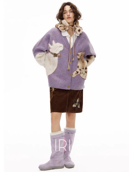 Furry Cat Knit Cardigan –Cozy Statement Sweater