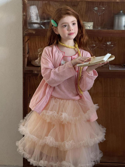 Girls Layered Lace Tulle Skirt – Elegant Princess Ruffle Midi Skirt