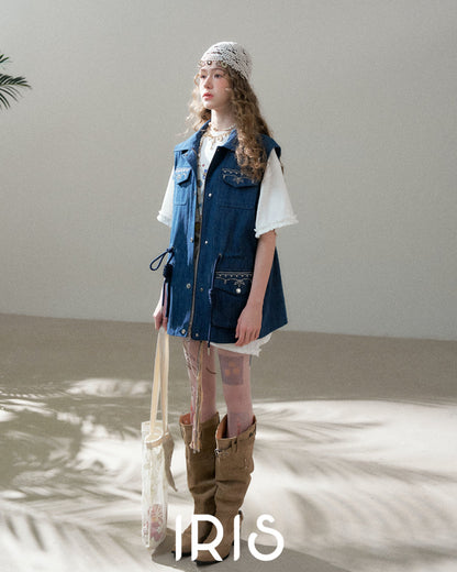 Artisanal Embroidered Denim Utility Vest - Indigo Sky