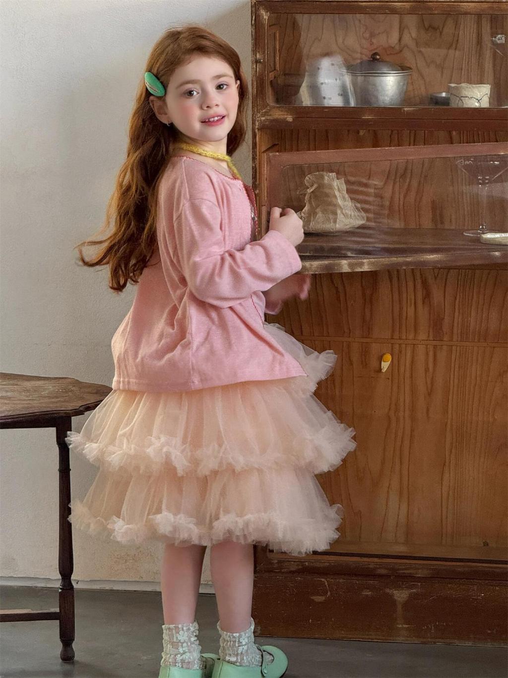 Girls Layered Lace Tulle Skirt – Elegant Princess Ruffle Midi Skirt