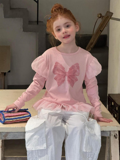 Mia Whimsical Bow Ruffle Top - Peach & Cream