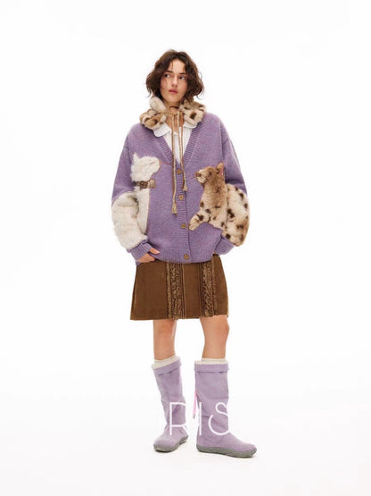 Furry Cat Knit Cardigan –Cozy Statement Sweater