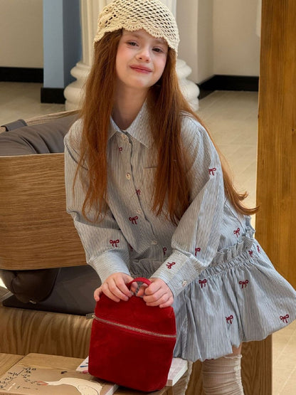 Sophie Bow Embroidered Stripe Shirt Dress - Classic Blue & White