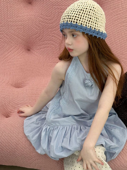 Camellia Dream Halter Dress - Deep Berry & Powder Blue