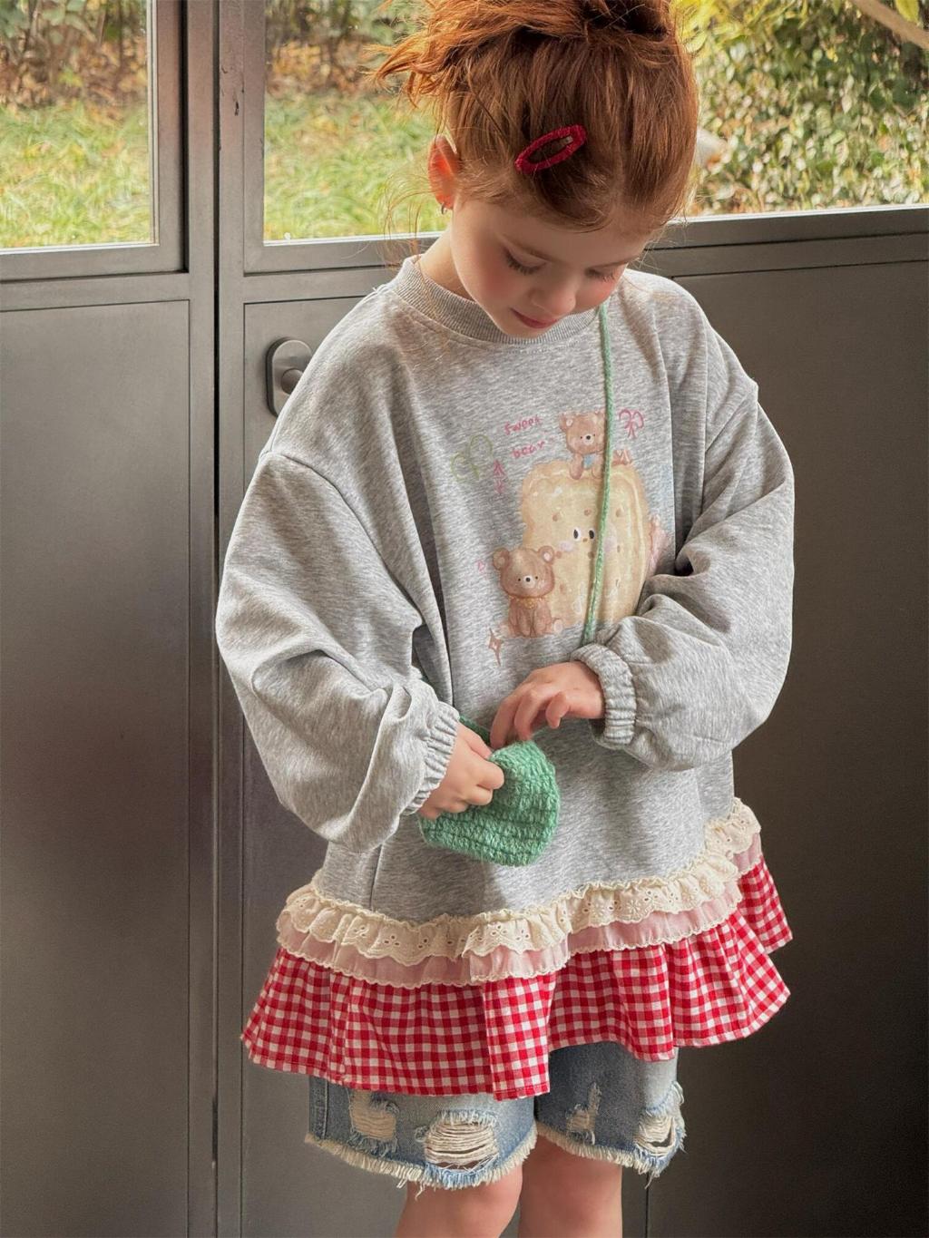 Teddy Sweetheart Gingham Ruffle Sweatshirt - Heather Grey