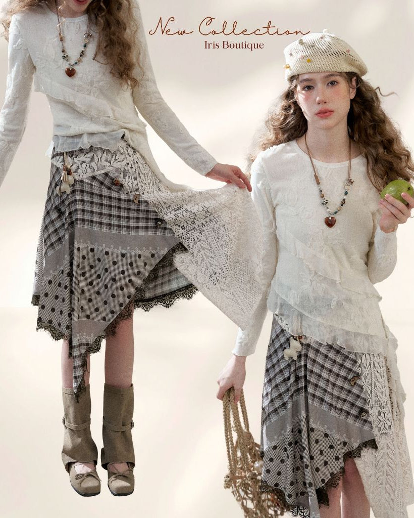 Embroidered Mesh Top & Patchwork Skirt Set