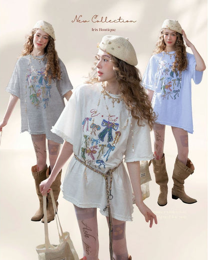 Ribbon Graffiti Oversized Tee - Arctic White, Heather Grey & Sky Blue