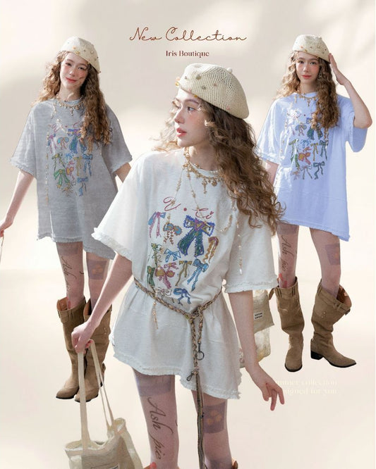 Ribbon Graffiti Oversized Tee - Arctic White, Heather Grey & Sky Blue