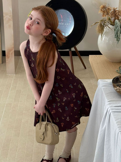 Midnight Bloom Halter Dress - Deep Plum & Vintage Print