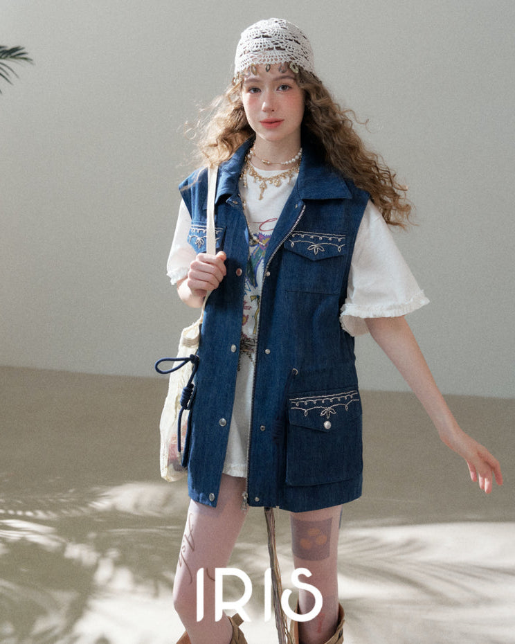Artisanal Embroidered Denim Utility Vest - Indigo Sky