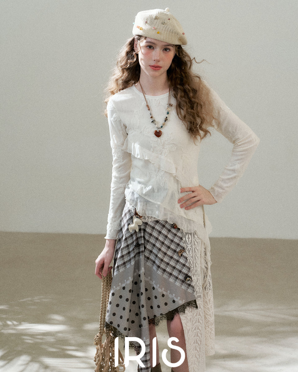 Embroidered Mesh Top & Patchwork Skirt Set