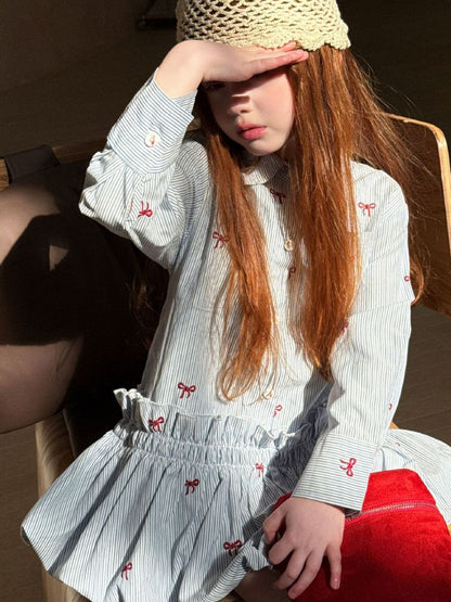 Sophie Bow Embroidered Stripe Shirt Dress - Classic Blue & White