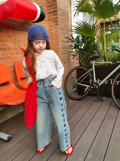 Girls Heart Embroidered Wide Leg Denim Pants – Kids Jeans