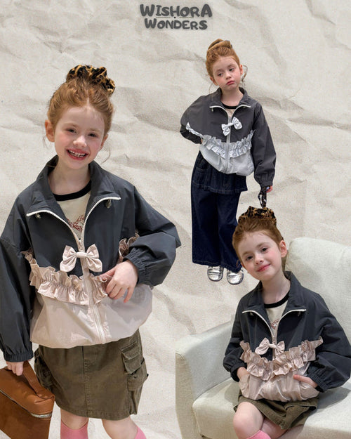 Lulu Color-block Ruffle Bow Zip-up Jacket - Grey & Blue / Grey & Pink