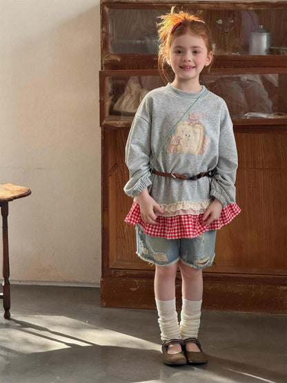Teddy Sweetheart Gingham Ruffle Sweatshirt - Heather Grey
