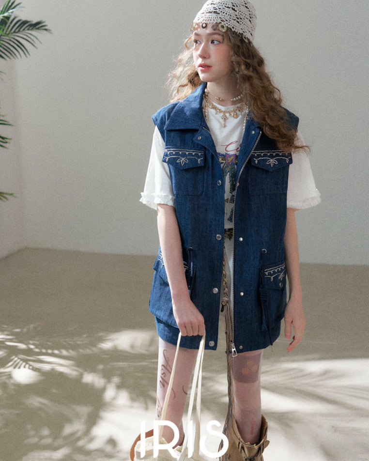 Artisanal Embroidered Denim Utility Vest - Indigo Sky