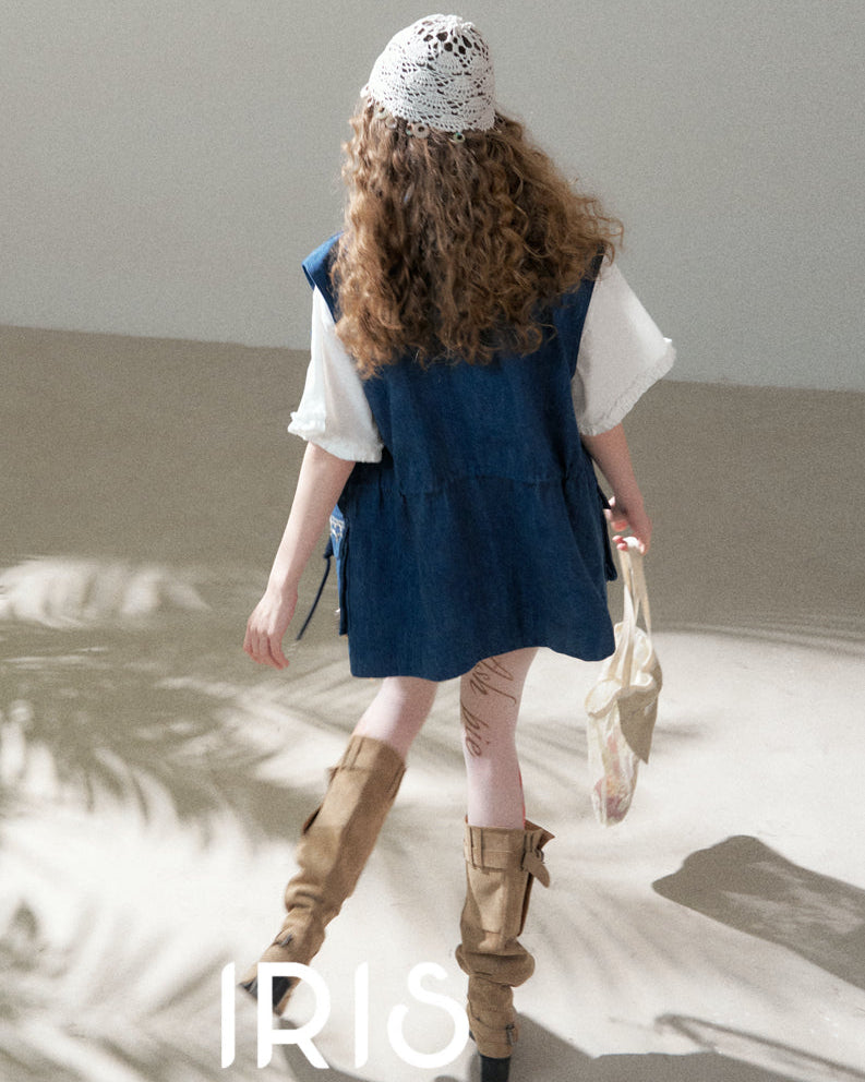 Artisanal Embroidered Denim Utility Vest - Indigo Sky