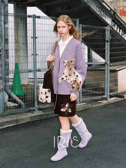 Furry Cat Knit Cardigan –Cozy Statement Sweater