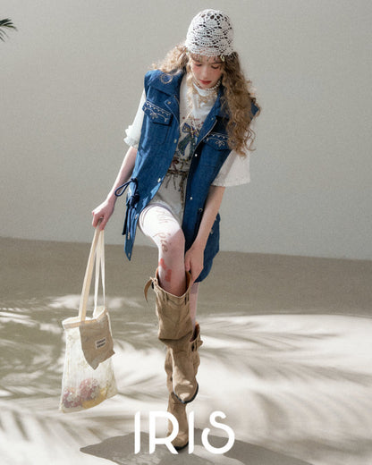 Artisanal Embroidered Denim Utility Vest - Indigo Sky