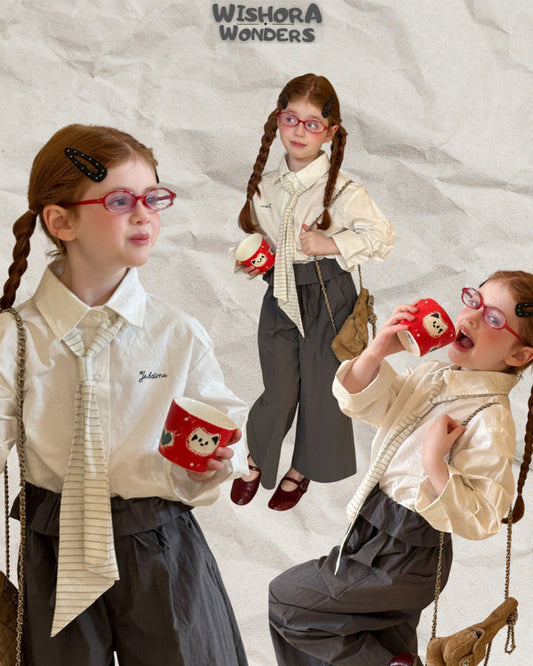 Julian Preppy Shirt & Wide-Leg Trouser Set - Crisp White & Charcoal