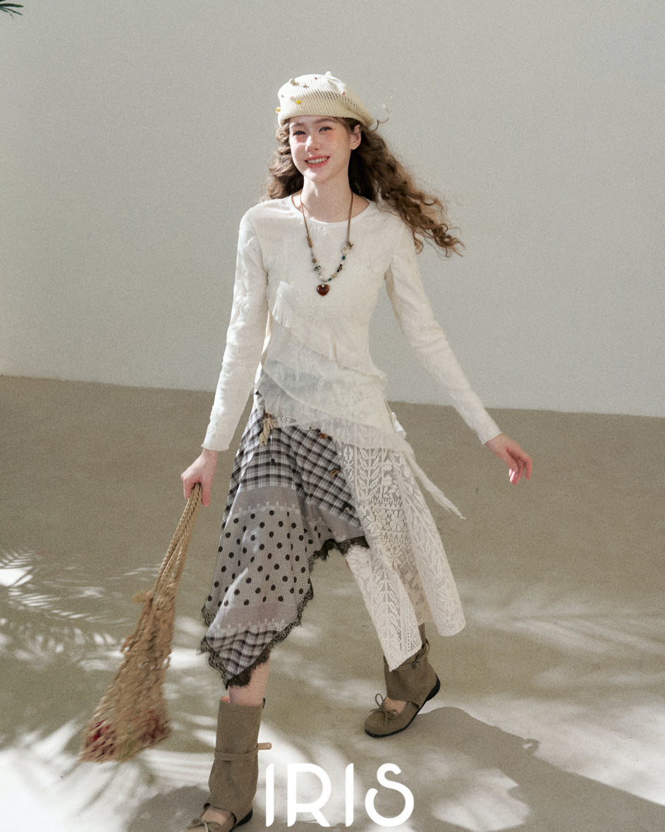 Embroidered Mesh Top & Patchwork Skirt Set