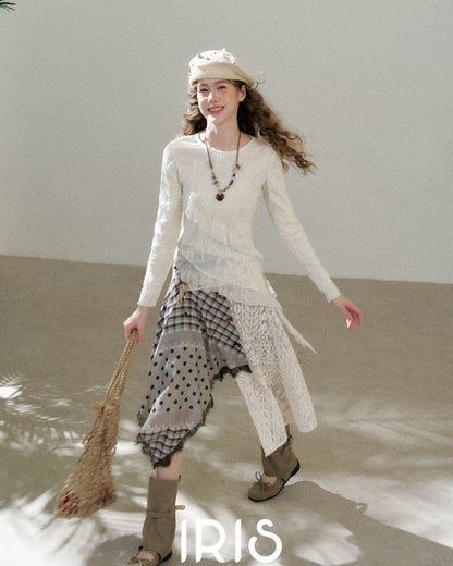 Embroidered Mesh Top & Patchwork Skirt Set
