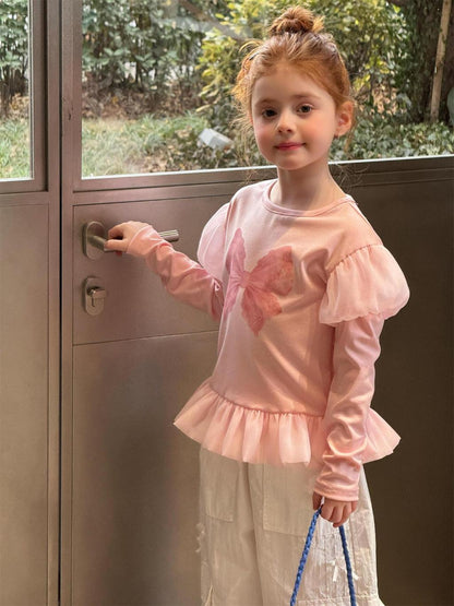 Mia Whimsical Bow Ruffle Top - Peach & Cream