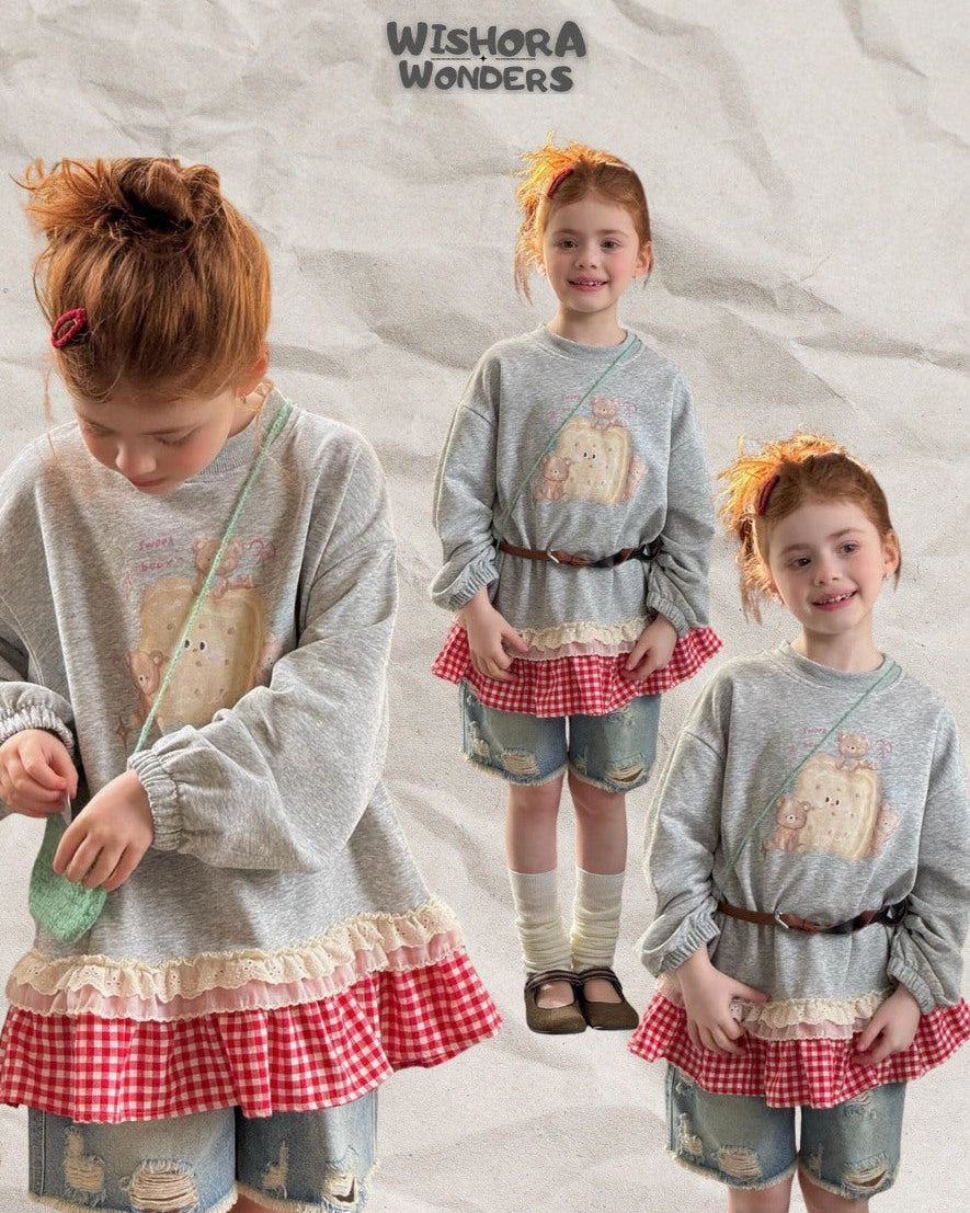 Teddy Sweetheart Gingham Ruffle Sweatshirt - Heather Grey