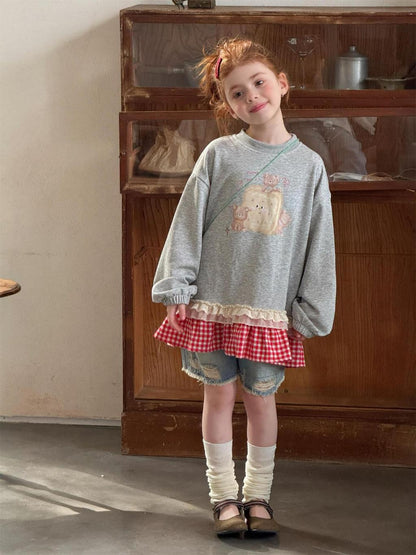 Teddy Sweetheart Gingham Ruffle Sweatshirt - Heather Grey