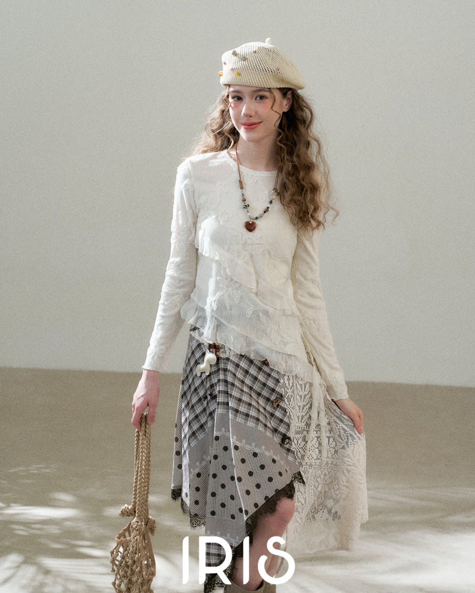 Embroidered Mesh Top & Patchwork Skirt Set