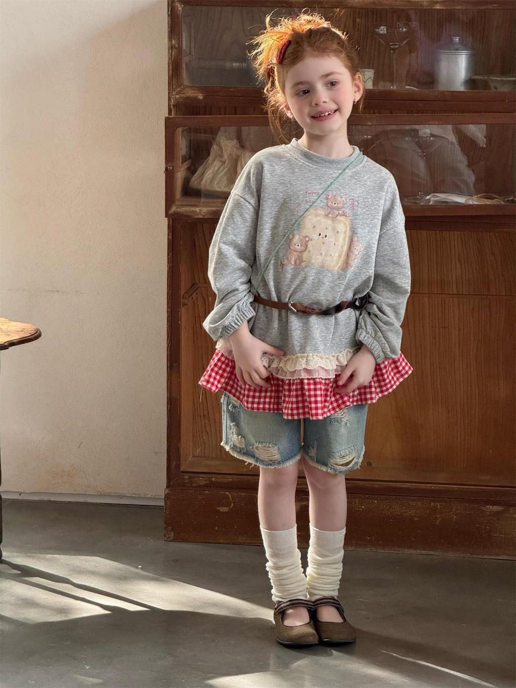 Teddy Sweetheart Gingham Ruffle Sweatshirt - Heather Grey