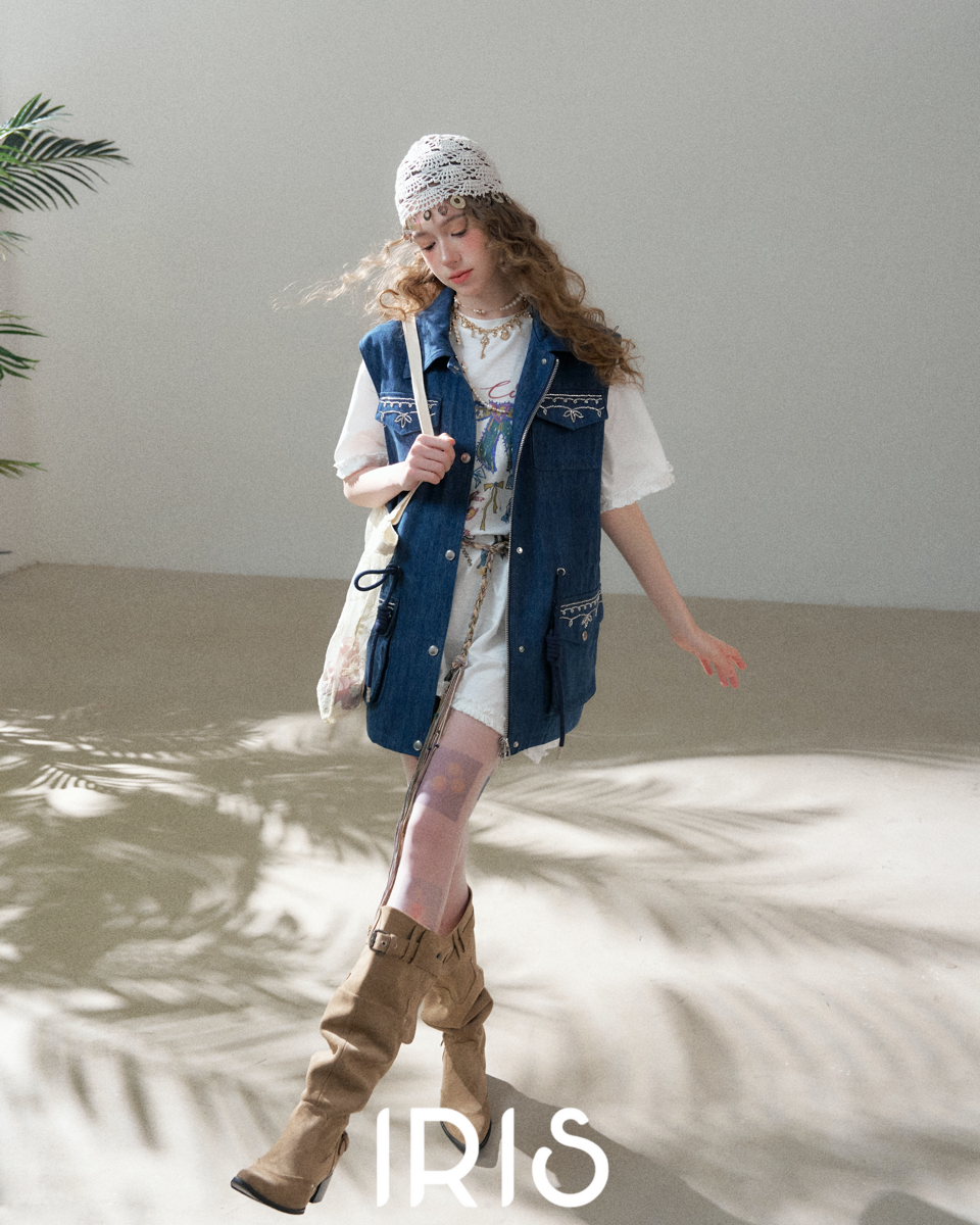 Artisanal Embroidered Denim Utility Vest - Indigo Sky