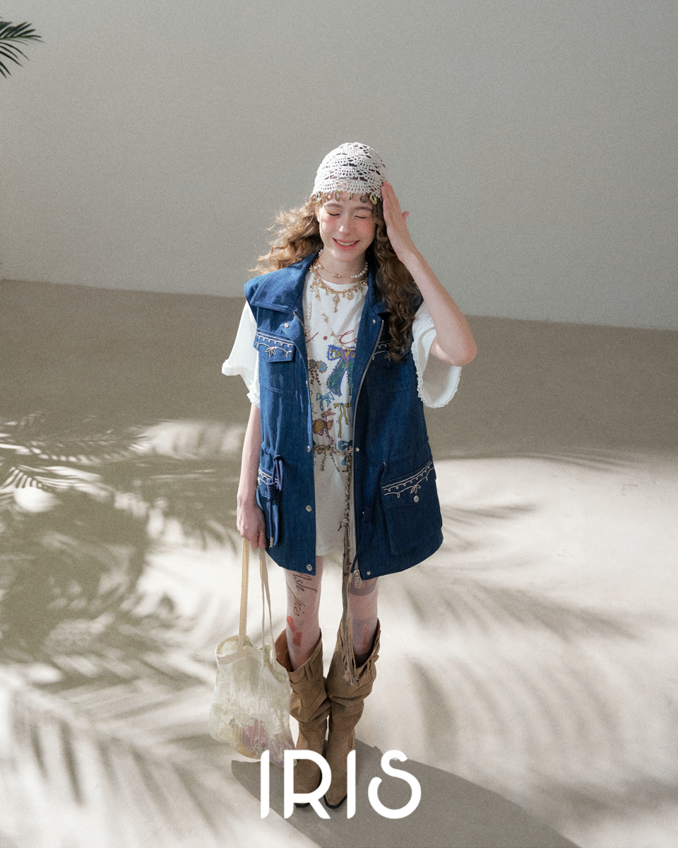 Artisanal Embroidered Denim Utility Vest - Indigo Sky