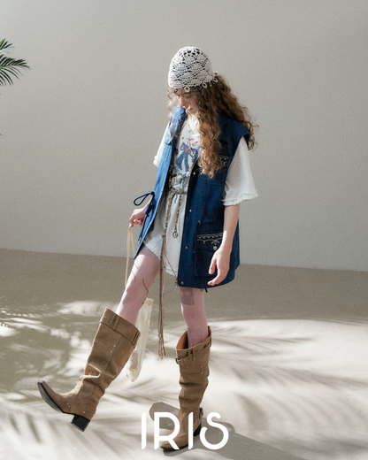 Artisanal Embroidered Denim Utility Vest - Indigo Sky