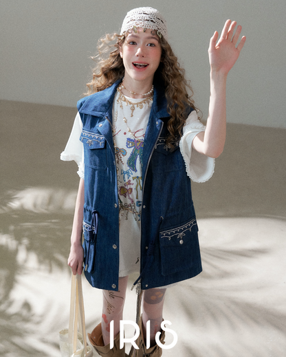 Artisanal Embroidered Denim Utility Vest - Indigo Sky